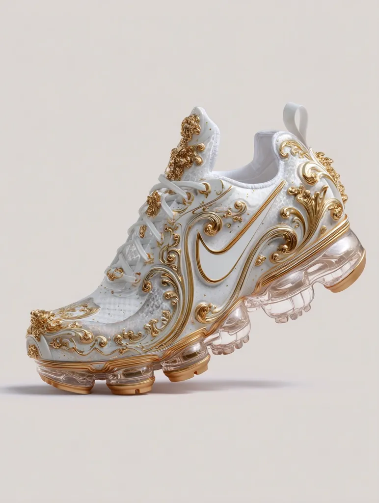 A Nike Vapormax sneaker is lavishly adorned with intricate gold detailing, resembling ornate rococo designs.  The white base contrasts sharply with the gilded embellishments, creating a luxurious and opulent aesthetic.  The transparent Air Max sole provides a modern counterpoint to the antique-inspired ornamentation. The shoe displays a remarkable blend of sporty functionality and artistic extravagance.