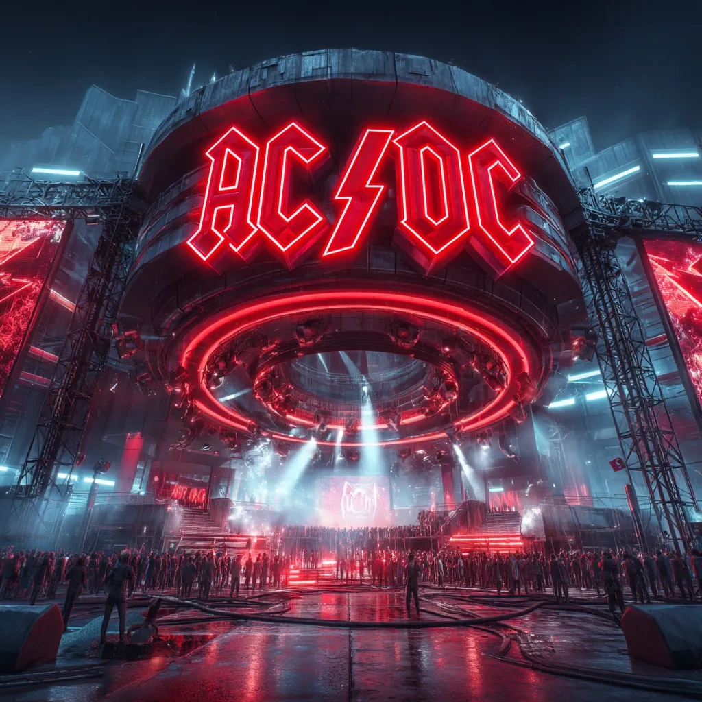 A futuristic concert venue, bathed in red neon light, features the AC/DC logo prominently displayed on a massive, circular structure.  The stage is below, surrounded by a large crowd. The architecture is industrial and dystopian, with towering metal structures and large screens flanking the main stage. The overall scene is dramatic and visually striking.