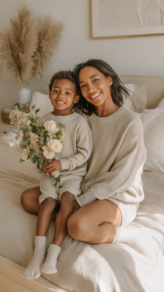 A mother and her young son sit on a bed, cuddling.  They both wear matching light beige knit sweaters and shorts.  The boy holds a bouquet of creamy white flowers.  The setting is a bedroom with soft, natural light and pampas grass in the background.  The overall mood is warm and loving.