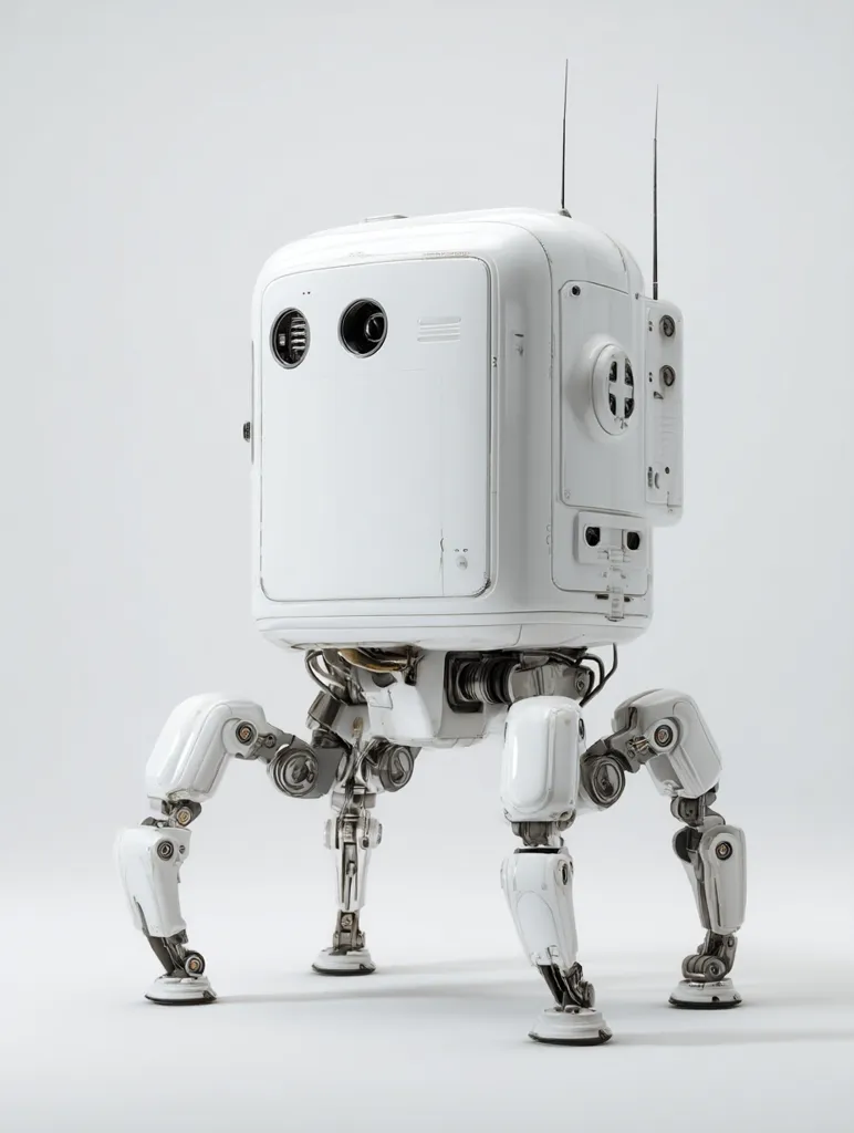 A white, boxy robot with four articulated legs stands on a white background.  Its body features a simple, almost minimalist design with small details suggesting technological functionality.  Two antennas extend from the top. The robot's legs are segmented and appear robust, capable of movement.  The overall aesthetic is clean and futuristic.