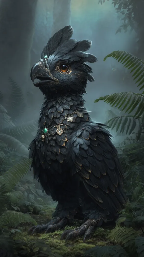 A majestic, obsidian-feathered creature, possibly a mythical bird, sits amidst a verdant, misty forest.  Its plumage is intricately detailed, adorned with a golden and jeweled necklace.  The bird's piercing gaze and sharp talons suggest both power and grace.  The atmospheric setting enhances the mystical aura surrounding this enigmatic being.