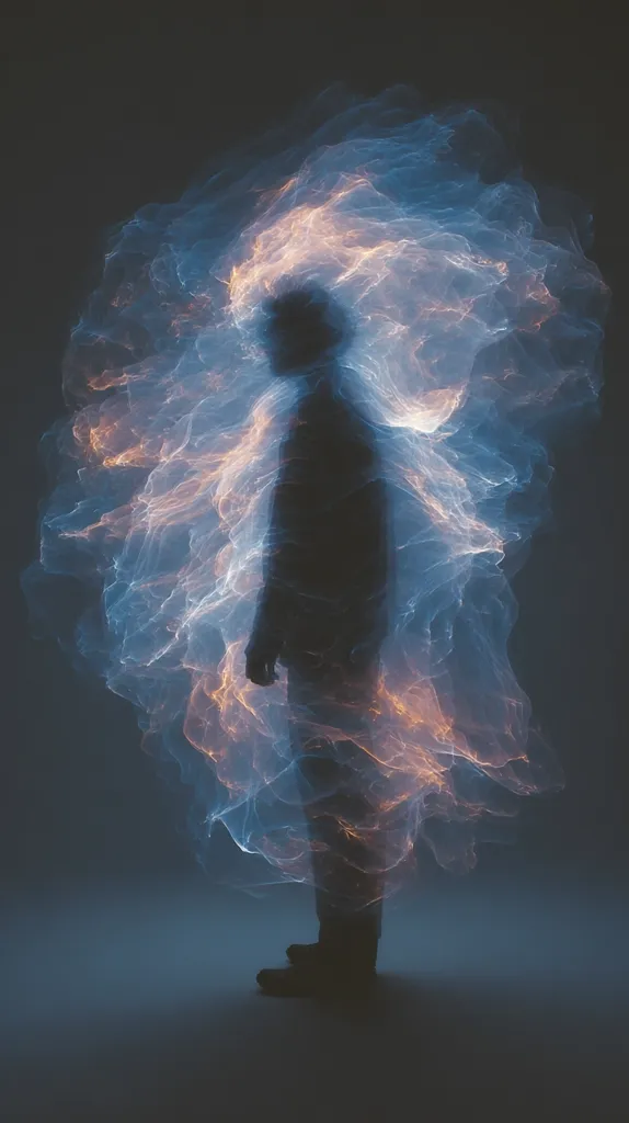 A stylized digital image depicts a human figure seemingly enveloped in a swirling, ethereal cloud of light.  The figure's silhouette is dark, contrasting with the vibrant blue and orange energy that surrounds it, creating a sense of mystery and transformation. The overall mood is contemplative and otherworldly.