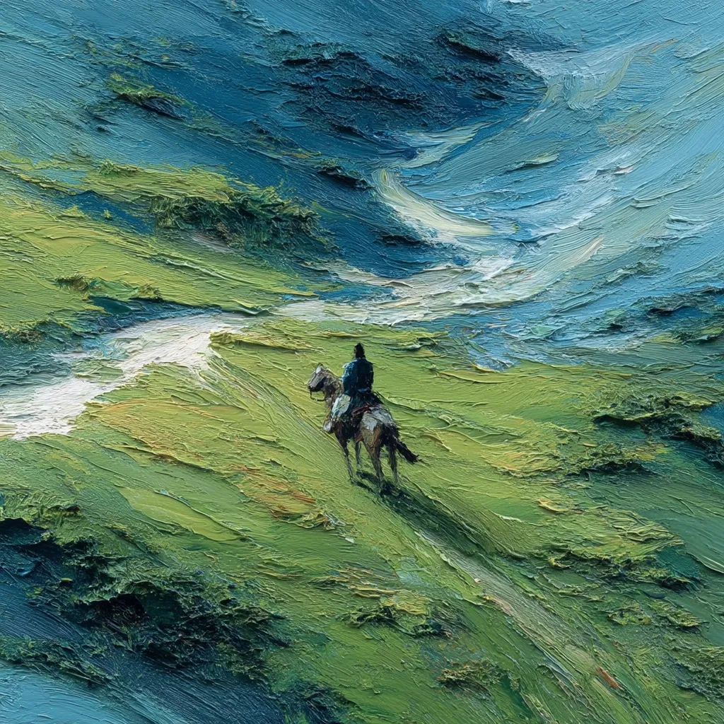 A lone horseback rider traverses a verdant hillside, a winding path leading them towards a tranquil stream.  The landscape is depicted with thick, impasto brushstrokes, creating a textured effect.  Cool blues dominate the background, contrasting sharply with the warmer greens of the foreground, suggesting a vast and dramatic scene. The overall impression is one of solitude and the beauty of untouched nature.
