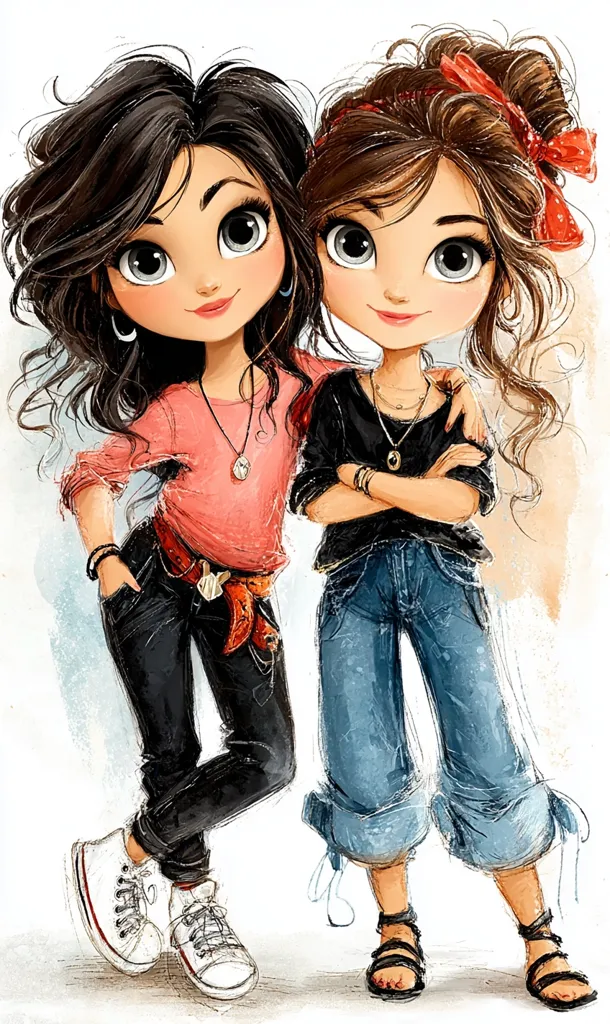 A charming illustration showcases two girls, close friends, embracing each other.  One girl sports dark hair and black pants, a coral top, and white sneakers. The other has brown hair styled in a bun, wearing blue jeans, a black top, and sandals.  Both girls have large, expressive eyes and are adorned with necklaces. The artistic style is whimsical and playful, capturing a sweet moment of companionship.