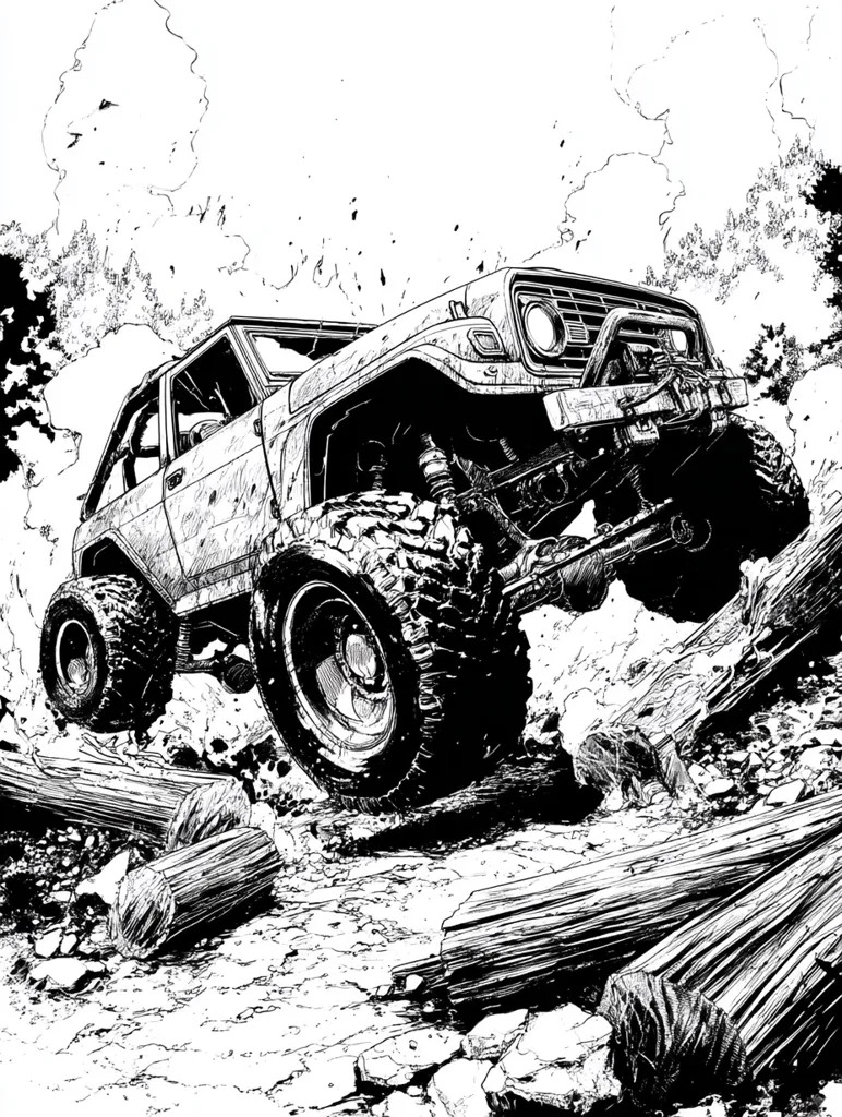 A black and white illustration depicts a rugged off-road vehicle, possibly a Jeep, powerfully traversing a challenging terrain.  Large tires churn through mud and debris, splashing as it overcomes obstacles.  The vehicle is detailed, showcasing its robust build and suspension. The background suggests a wooded area, adding to the adventurous setting. The style is reminiscent of comic book art, with bold lines and dramatic shading.