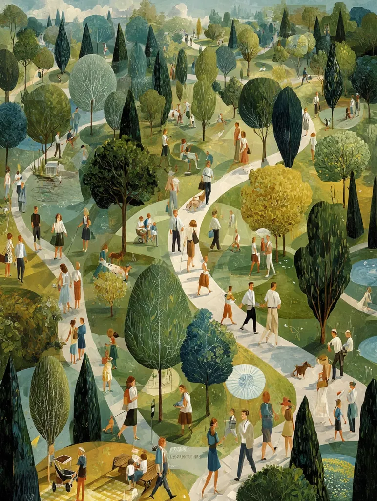 A vibrant illustration depicts a bustling park scene.  Numerous people stroll along winding paths amidst lush greenery, creating a lively atmosphere.  Trees of varying heights and shades of green dominate the landscape, interspersed with flowers and small ponds.  Individuals are engaged in various activities, from leisurely walks to family outings, showcasing a relaxed and communal environment.  The overall style is whimsical and detailed, capturing a sense of summer joy.