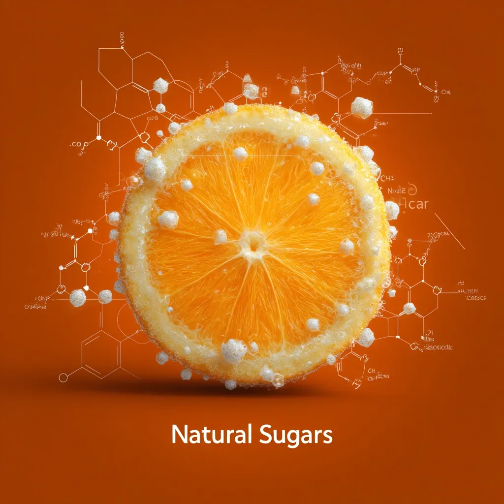 A vibrant orange slice, seemingly submerged in sparkling water, floats against a burnt orange backdrop.  White bubbles cling to its surface.  Surrounding the orange are stylized chemical formulas and structures, highlighting the natural sugars within the fruit. The words "Natural Sugars" are displayed below. The image emphasizes the natural sweetness and chemical composition of oranges.
