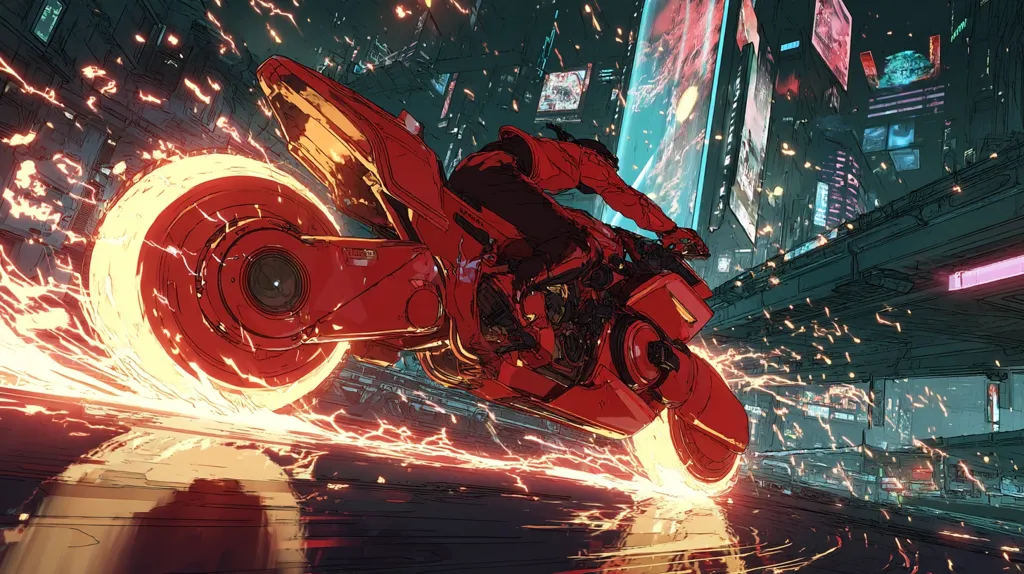 A futuristic red motorcycle streaks through a cyberpunk city at night.  The bike's wheels leave fiery trails, illuminating the rain-slicked streets and towering neon-lit buildings.  The rider, clad in red, leans into the turn, a blur of motion against the vibrant backdrop.  Sparks fly from the bike's powerful engine, enhancing the sense of speed and energy. The overall style is dynamic and highly stylized.