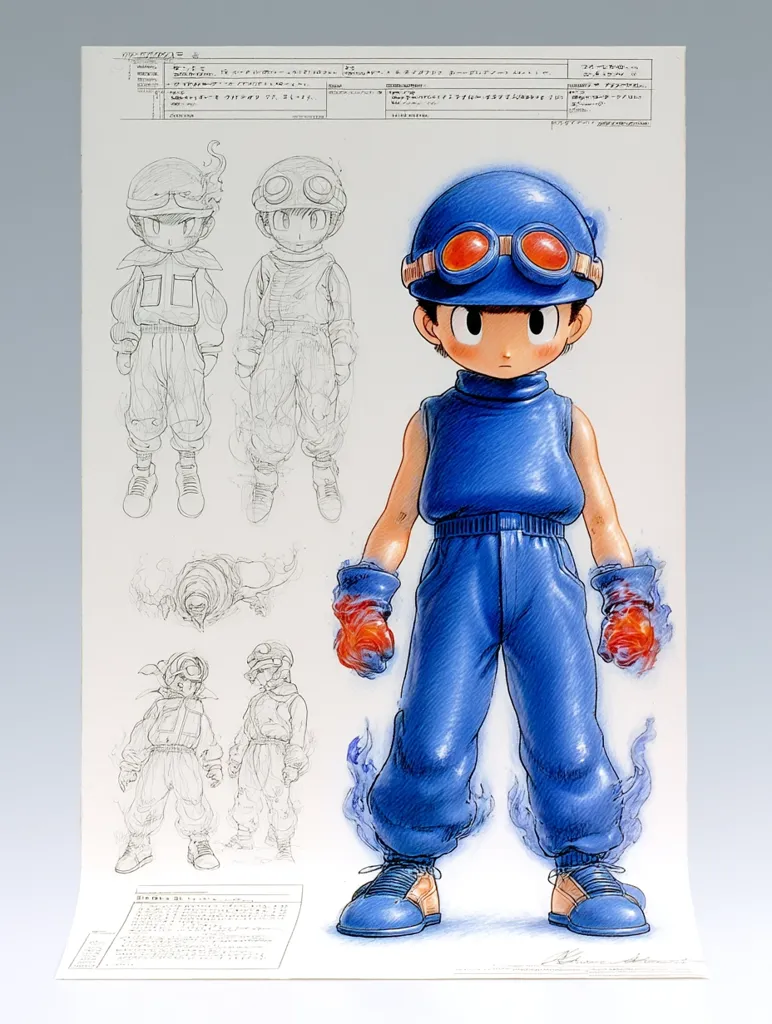 This is a character design sheet featuring a boy in a blue jumpsuit and goggles.  He has fiery orange gloves and blue flames surround his legs.  Several sketches show variations of the character's design and pose, including simpler line drawings and alternative outfit options.  Japanese text appears on the sheet, likely detailing design specifications and notes. The overall style is reminiscent of anime or manga.