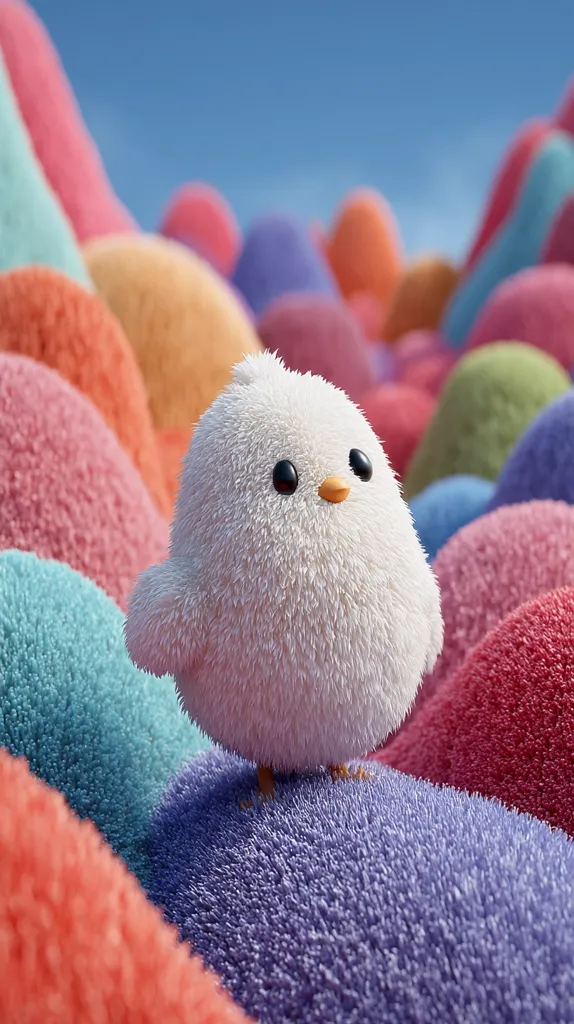 A fluffy white chick stands on a pastel-colored, textured landscape.  The chick is small and cute, with large, dark eyes. The background is a whimsical collection of soft, brightly colored hills, creating a vibrant and playful scene.  The overall texture is soft and inviting.