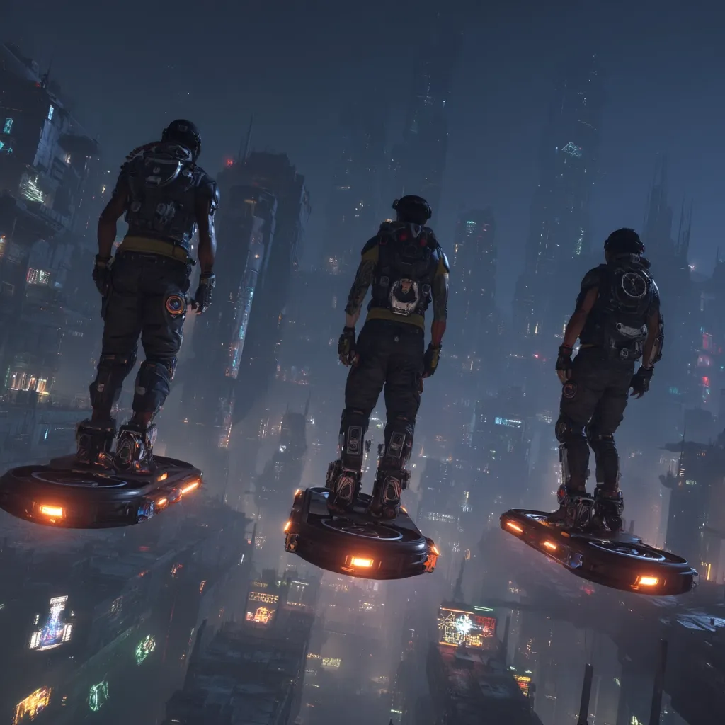 Three figures, clad in futuristic combat gear, hover on individual anti-gravity boards above a sprawling, neon-lit cyberpunk cityscape.  Their backs are to the viewer, gazing out at the towering, densely packed buildings that stretch into a hazy, dark sky. The scene evokes a sense of adventure and technological advancement in a dystopian setting.