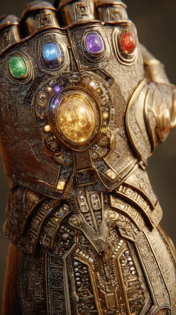 A close-up reveals Thanos' Infinity Gauntlet, intricately detailed with gold and intricate carvings.  Six glowing Infinity Stones are embedded within the gauntlet's metal framework;  the Power, Space, Reality, Mind, Time, and Soul Stones are clearly visible. The gauntlet's weathered texture suggests immense power and numerous battles.  The central stone glows with a vibrant, golden light.