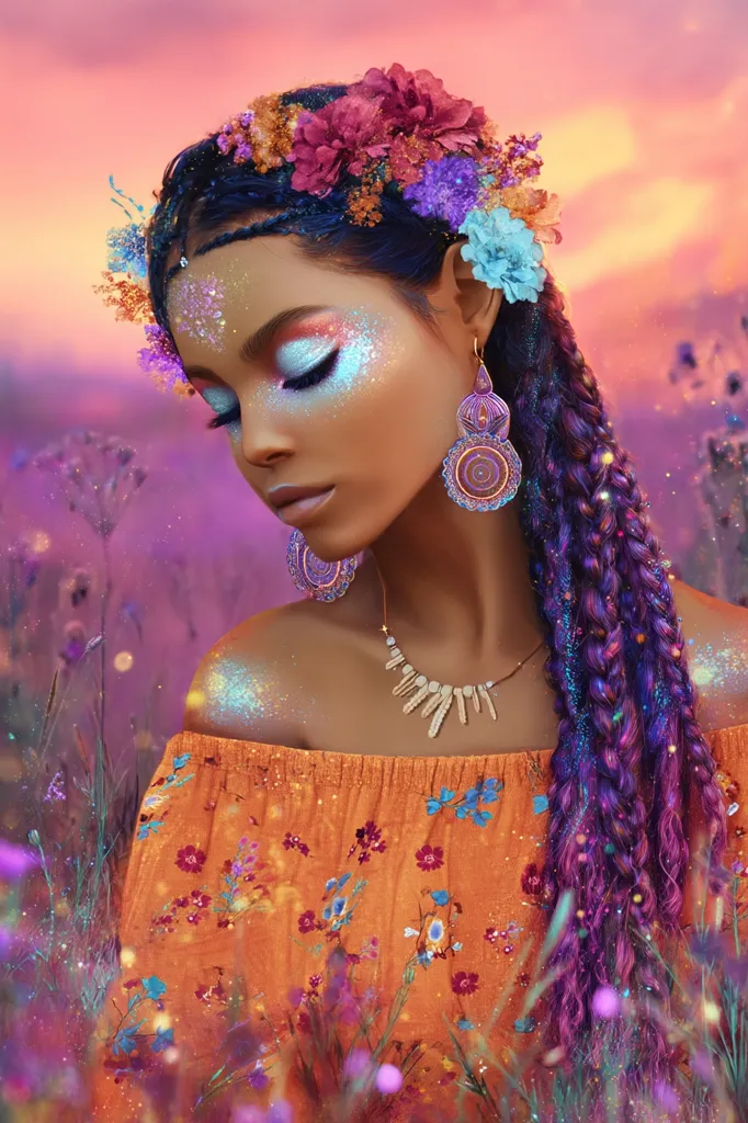 A woman with vibrant purple braids adorned with flowers and glittering makeup stands in a field.  She wears an orange floral off-the-shoulder dress and elaborate earrings and necklace.  The background is a dreamy, pastel sunset, creating a magical, ethereal atmosphere.  Glittering particles enhance the fantastical quality of the image.