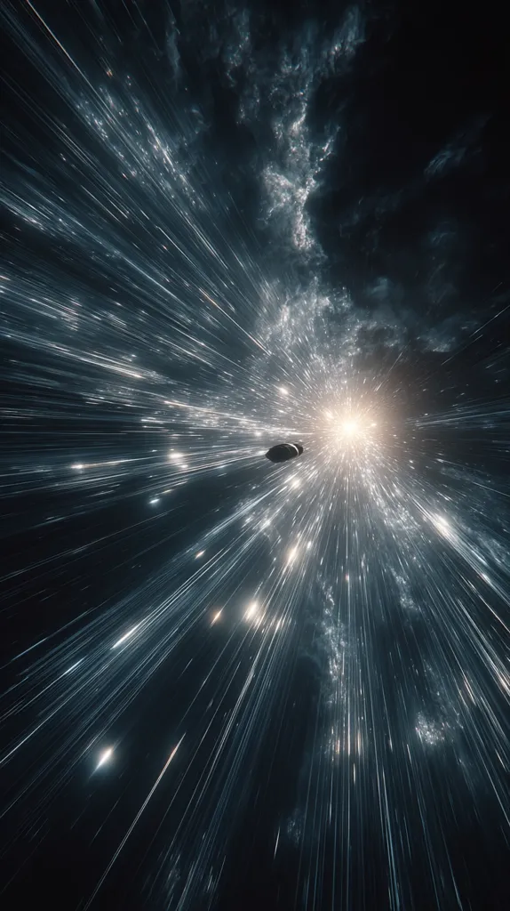 A spacecraft hurtles through a cosmic tunnel, streaks of light radiating from a bright center.  The vessel is small against the vastness of space, its journey depicted as a high-speed transit through a nebula or wormhole.  The image evokes a sense of intense movement and the awe-inspiring scale of the universe.