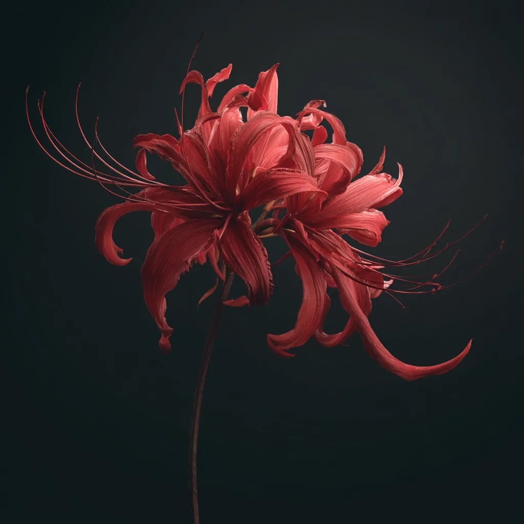A single red spider lily, *Lycoris radiata*, stands against a dark background. Its vibrant crimson petals curl dramatically, showcasing intricate details.  Long, slender stamens extend outward, adding to its elegant and slightly eerie beauty. The dark backdrop accentuates the flower's rich color and striking form, creating a visually captivating image.