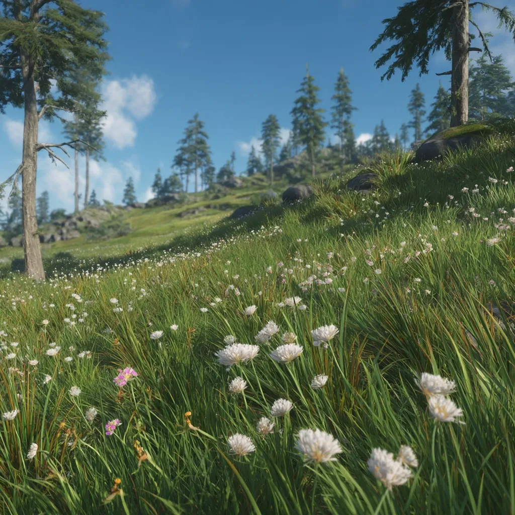A sun-drenched hillside meadow, carpeted in vibrant green grass speckled with delicate white wildflowers. Tall pine trees form a backdrop against a clear blue sky.  The scene evokes a sense of tranquility and natural beauty, suggesting a peaceful, remote location.  A few scattered rocks add texture to the landscape.