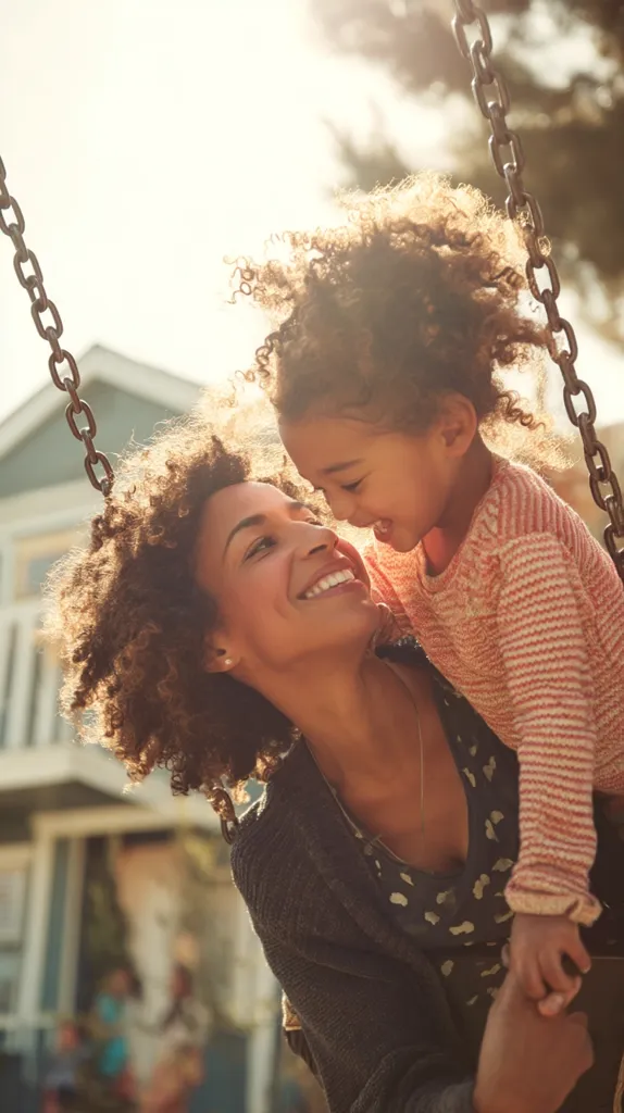 A mother and daughter share a tender moment on a swing set, bathed in warm sunlight.  The daughter, with curly hair, is nestled into her mother's embrace, their faces close together, radiating happiness. The scene is idyllic, capturing the joy of a loving parent-child relationship against a blurred background of a house and trees.  The image evokes feelings of warmth, love, and carefree childhood fun.