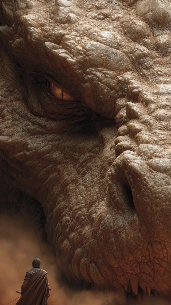 A lone figure, cloaked and armed, stands before an immense, ancient dragon.  The dragon's head dominates the frame, its textured skin and watchful eye conveying immense power and age.  Dust swirls around the figure, adding to the dramatic and epic scale of the scene.  The color palette is muted earth tones, emphasizing the harsh, desert-like environment.