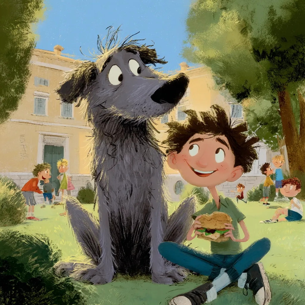 A boy sits on a grassy lawn, sharing a sandwich with a large, shaggy grey dog.  Other children play in the background near a classical-style building. The scene is sunny and idyllic, depicted in a painterly, slightly whimsical style.  The boy and dog appear to be close friends, enjoying a relaxed moment outdoors.