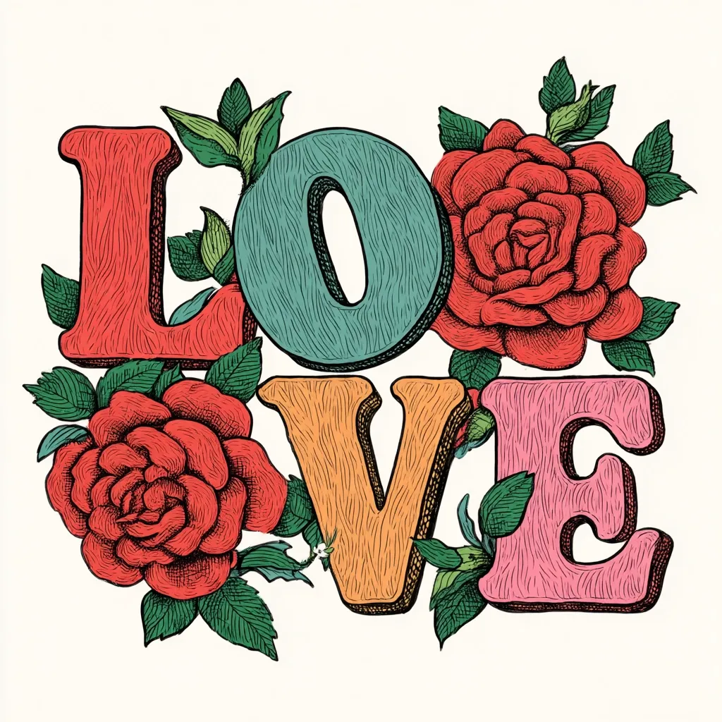 The word "LOVE" is depicted in stylized, textured lettering, each letter a different pastel color.  Vibrant red roses with detailed, etched leaves surround the letters, creating a visually rich and romantic design. The overall style evokes a vintage or retro aesthetic, possibly inspired by 1960s or 70s design trends.
