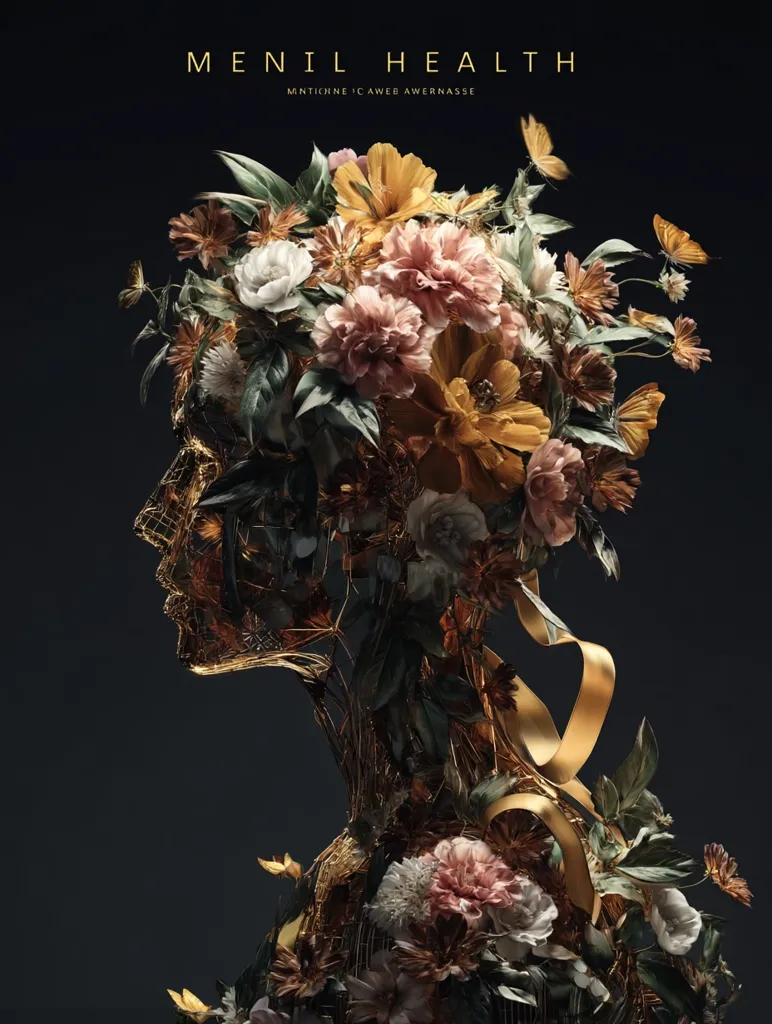 A stylized artwork titled "Menil Health" by MNTICHNE ICAWEB AWERNA SSE features a golden, wire-frame profile of a person adorned with a vibrant arrangement of flowers and butterflies.  The dark background contrasts with the warm gold and rich flower tones, creating a visually striking and symbolic piece. The image suggests themes of beauty, fragility, and perhaps healing or growth.