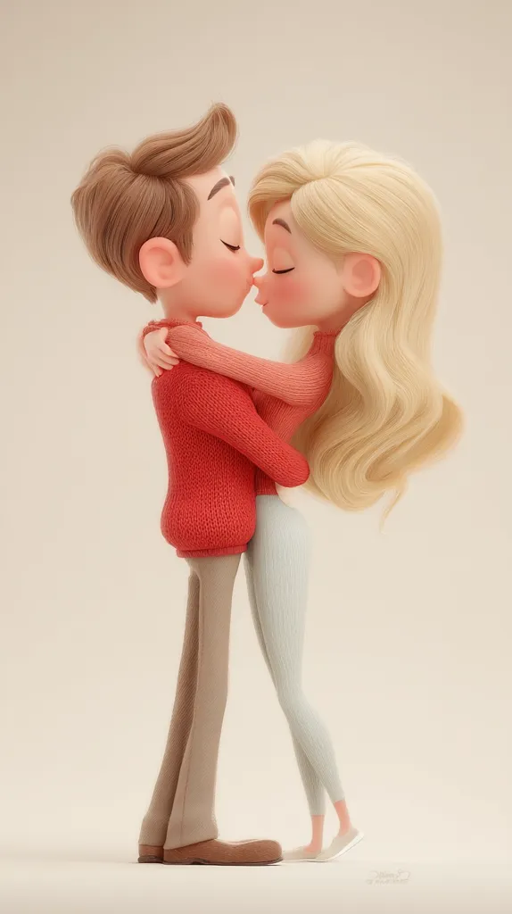 A charming 3D rendered image depicts a cartoon couple sharing a tender kiss.  The boy, with brown hair, wears a coral sweater and beige trousers. The girl, with long blonde hair, is dressed in a lighter coral sweater and light blue pants. They embrace lovingly, their bodies close, showcasing a sweet and affectionate moment. The soft lighting and pastel colors create a romantic atmosphere.