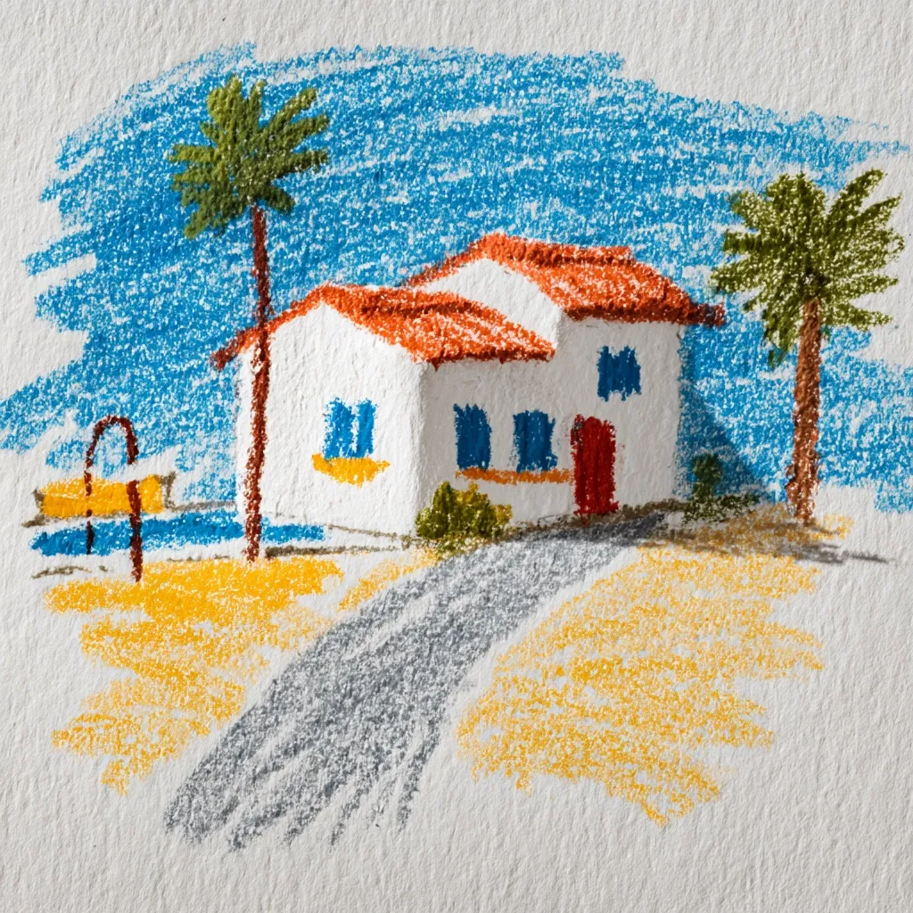 A childlike crayon drawing depicts a whitewashed house with a red door and terracotta roof, nestled amongst palm trees.  A gray path leads from the house to a yellow sandy beach, where a simple yellow boat rests near a post. The bright blue sky provides a vibrant backdrop to this idyllic coastal scene.  The textured crayon strokes give the image a naive and charming quality.