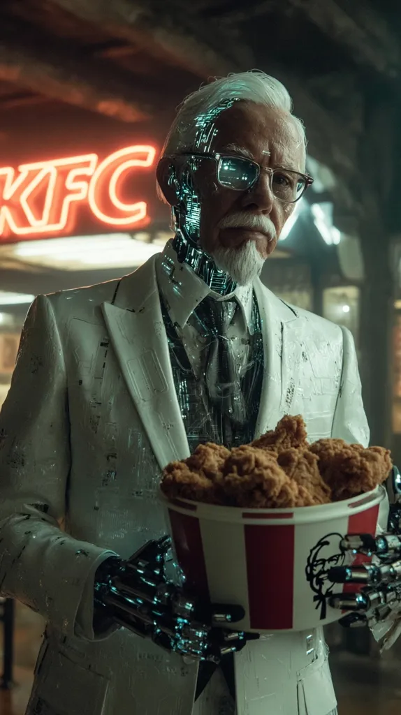 A cyborg Colonel Sanders, his face partially mechanized with glowing circuitry, stands before a KFC sign.  He's dressed in a pristine white suit and holds a bucket of fried chicken.  The image blends futuristic technology with the familiar fast-food icon, creating a surreal and intriguing scene.
