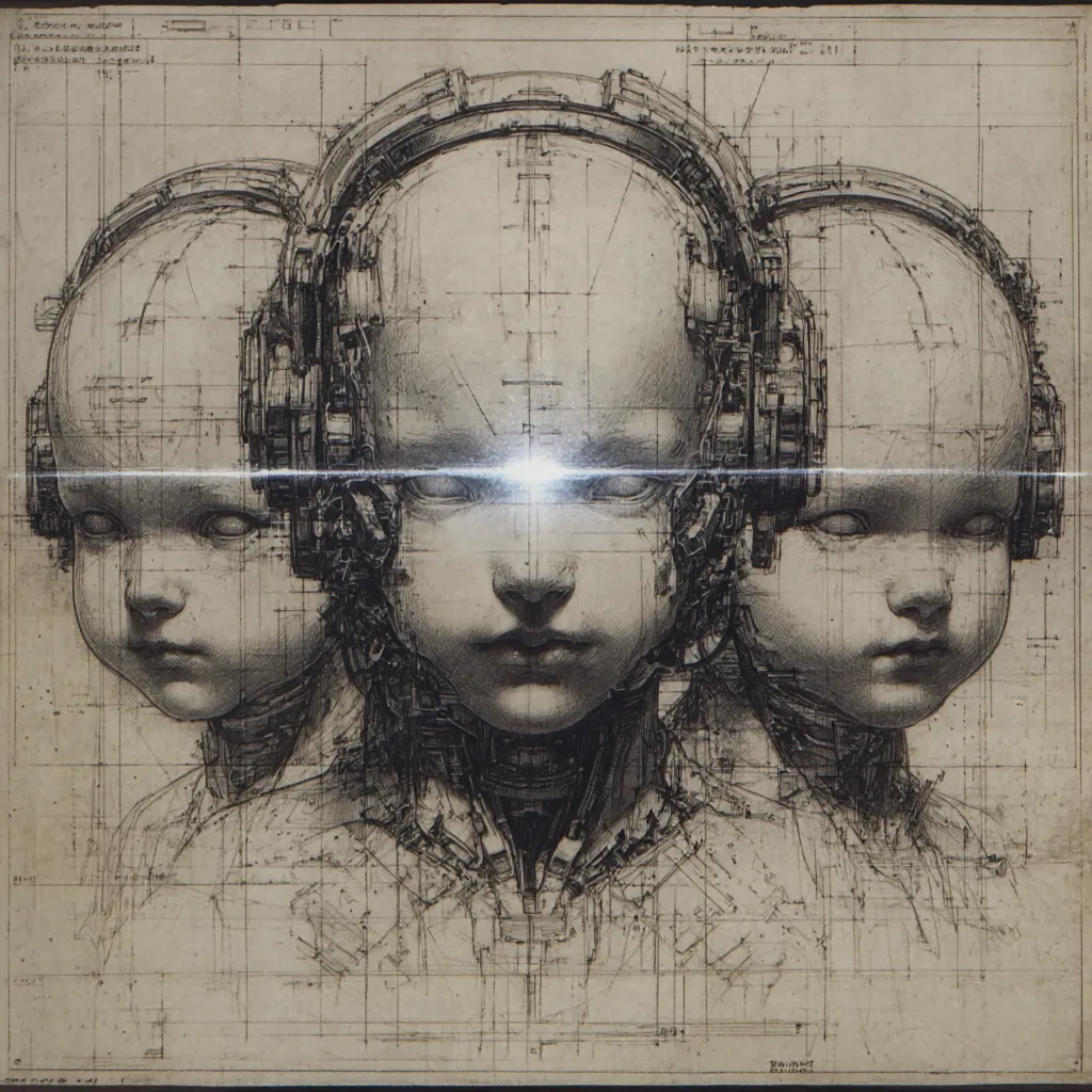 A detailed pencil sketch depicts three robotic children's heads, layered over blueprint-like grid lines.  The central figure's eyes emit a bright light, a stark contrast to the sepia tones.  Intricate mechanical details adorn their heads, suggesting a blend of humanity and technology.  The overall style is reminiscent of industrial design drawings, creating a haunting and thought-provoking image.