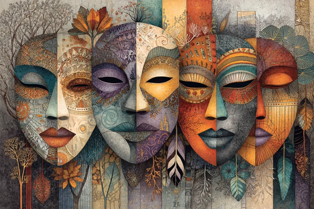 A captivating artwork showcases four intricately designed masks, each a unique blend of colors and patterns.  The masks are juxtaposed, their features merging and overlapping, creating a sense of unity and individuality.  Earthy tones, intricate details, and botanical elements surrounding the masks add depth and visual richness, suggesting a theme of interconnectedness and nature's influence. The style is reminiscent of both cubism and surrealism.