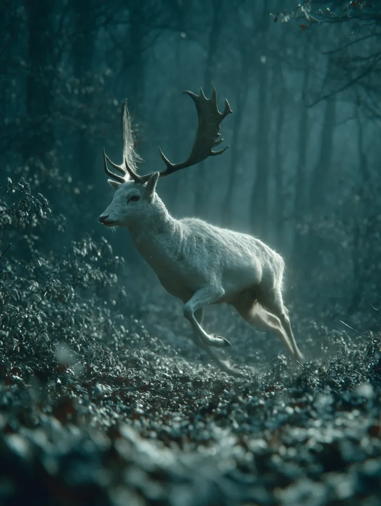 A majestic white fallow deer with large antlers gracefully bounds through a mystical, dimly lit forest.  The deer's coat is strikingly white against the dark, moody background of shadowy trees and undergrowth.  A sense of mystery and tranquility pervades the scene, creating an ethereal atmosphere. The image evokes feelings of wonder and the beauty of the natural world.