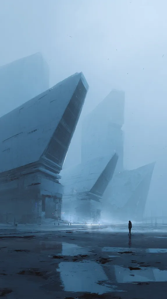 A lone figure stands on a desolate, flat expanse under a hazy, bluish sky.  Imposing, angular structures, reminiscent of futuristic architecture, rise in the background, shrouded in mist.  The overall atmosphere is cold, lonely, and somewhat melancholic, evoking a sense of vast emptiness and isolation.  The scene suggests a post-apocalyptic or futuristic setting.