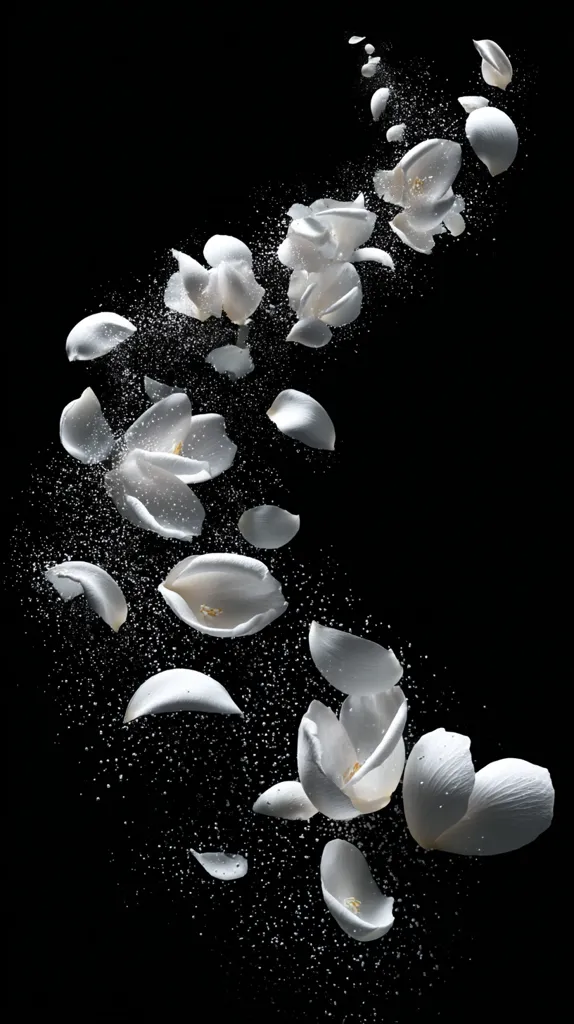 White flower petals and blossoms float in a swirling motion against a stark black background.  Water droplets scatter around them, creating a sense of ethereal beauty and delicate movement. The image is elegantly composed, suggesting a feeling of grace and tranquility.  The petals appear to be falling or rising, creating a dynamic and visually captivating scene.