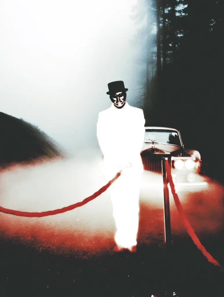 A figure in a white suit and top hat, their face obscured by a mask, stands holding a red velvet rope.  A classic car is parked behind them, partially obscured by fog. The scene is atmospheric and mysterious, with a stark contrast between the bright figure and the dark, shadowy background of trees. The overall mood is one of intrigue and secrecy.