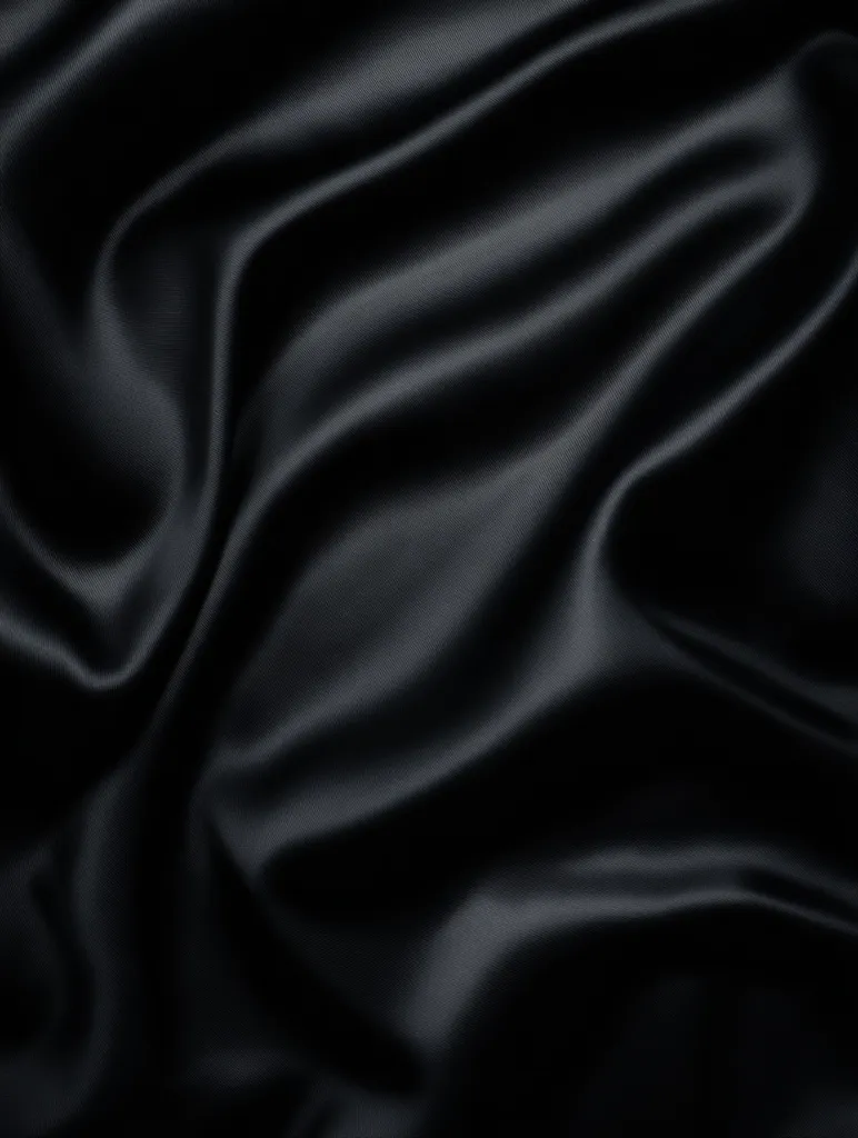The image shows a close-up view of dark, possibly black, fabric.  The material is lustrous and smooth, with soft, flowing folds and wrinkles creating a dramatic, elegant texture.  The deep shadows and highlights emphasize the fabric's luxurious drape and sheen, evoking a sense of mystery and sophistication.