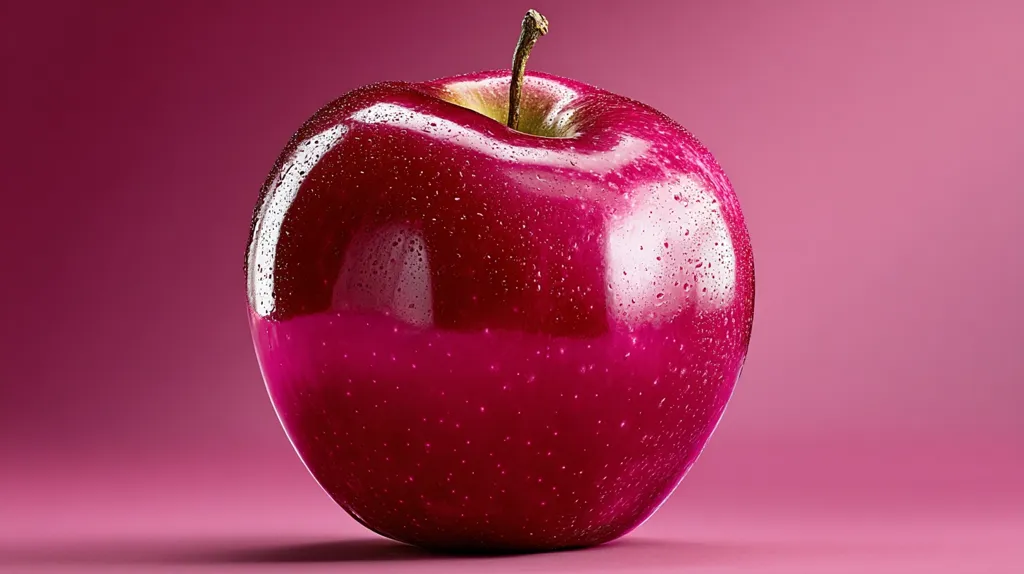 A vibrant, deep crimson apple sits center frame against a matching pink background.  The apple's skin glistens with tiny water droplets, highlighting its smooth, polished surface.  The stem is visible at the top, adding to the overall crisp and fresh appearance of the fruit.  The image is sharply focused, showcasing the rich color and texture of the apple.