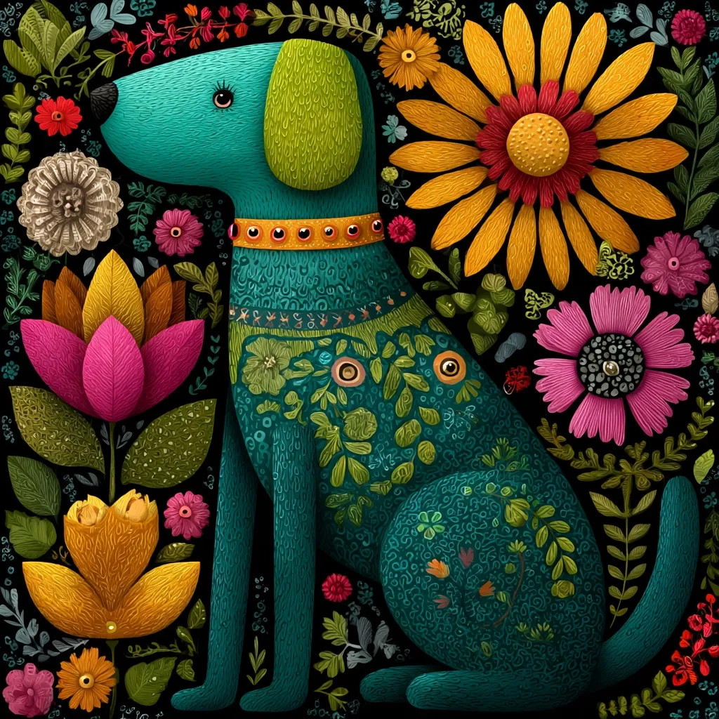 A teal-colored dog, adorned with vibrant floral patterns, sits amidst a profusion of colorful flowers on a dark background.  The dog's coat is intricately decorated with leaves and blossoms, echoing the surrounding blooms.  A gold collar adds a touch of elegance. The style is whimsical and reminiscent of folk art, with rich textures and bold colors creating a lively, joyful image.