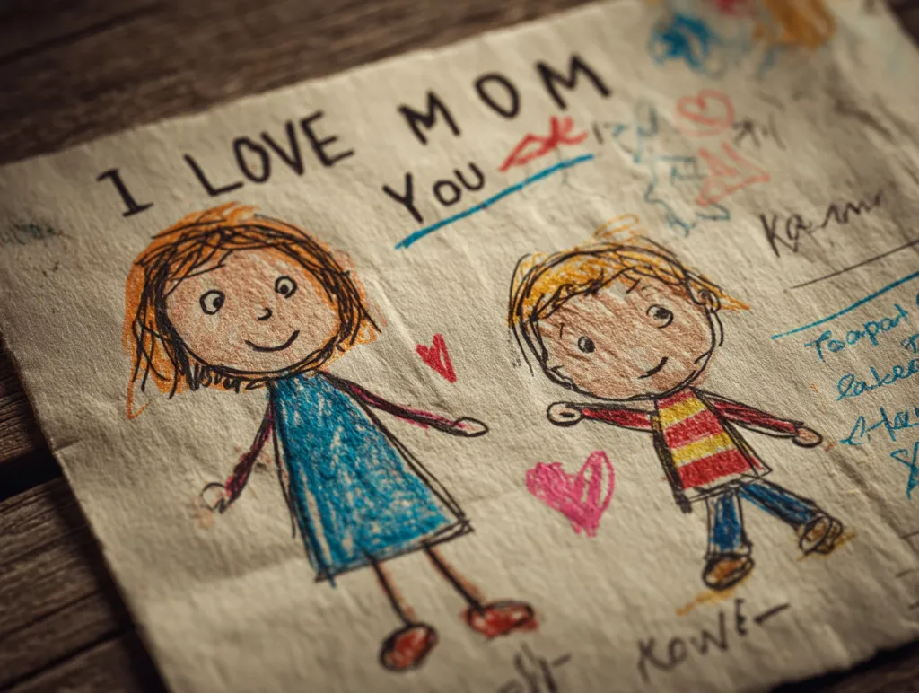 A child's crayon drawing on creased paper depicts two smiling figures, a girl and a boy, with the message "I LOVE MOM YOU" written above.  Simple hearts are scattered around the drawing, adding to its heartfelt and innocent quality.  The artwork shows childlike simplicity and affection.  Scrawled text is visible on the page, seemingly random words and drawings.  The overall feel is nostalgic and endearing.