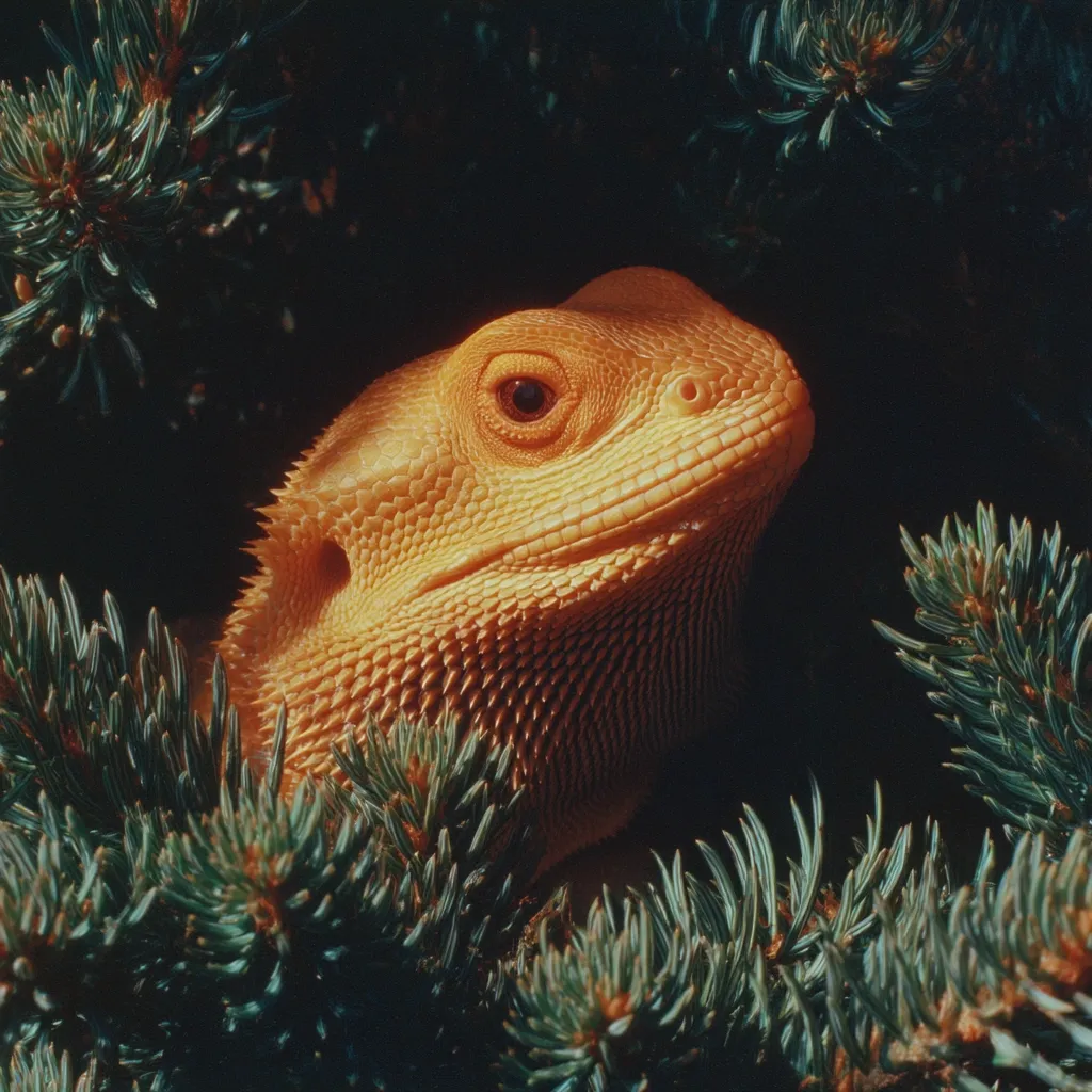 A pale orange bearded dragon is partially hidden amongst the dark green branches of a coniferous tree.  The reptile's head and upper body are visible, its skin textured and its eye clearly showing.  The background is dark, emphasizing the lizard and the contrasting colors of its skin and the evergreen foliage.