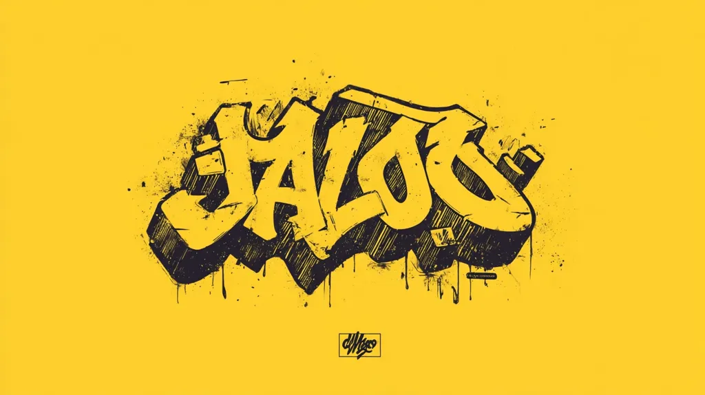 A vibrant yellow background showcases a stylized graffiti artwork of the word "JALOUS."  The lettering is bold, three-dimensional, and rendered in black with a textured, slightly distressed effect, suggesting spray paint.  Drips and splatters enhance the graffiti aesthetic. A small artist signature is visible at the bottom. The overall style is edgy and urban.