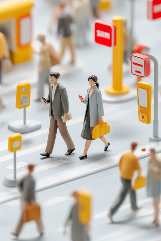 A miniature scene depicts two business professionals crossing a city street, engrossed in their smartphones.  They walk past miniature bus stops and other urban details, while blurred figures in the background suggest a bustling city environment. The scene emphasizes modern urban life and the prevalence of mobile technology.  The small scale creates a sense of whimsy and detail.