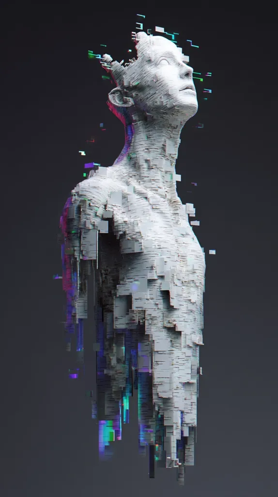 A digital sculpture depicts a fragmented human torso, seemingly composed of numerous small, cubic blocks.  The figure's head is tilted upwards, and its surface shows signs of digital distortion or glitches, with streaks of vibrant, multicolored pixels emanating from its form, suggesting a process of disintegration or transformation. The overall aesthetic blends realistic human form with digital abstraction.