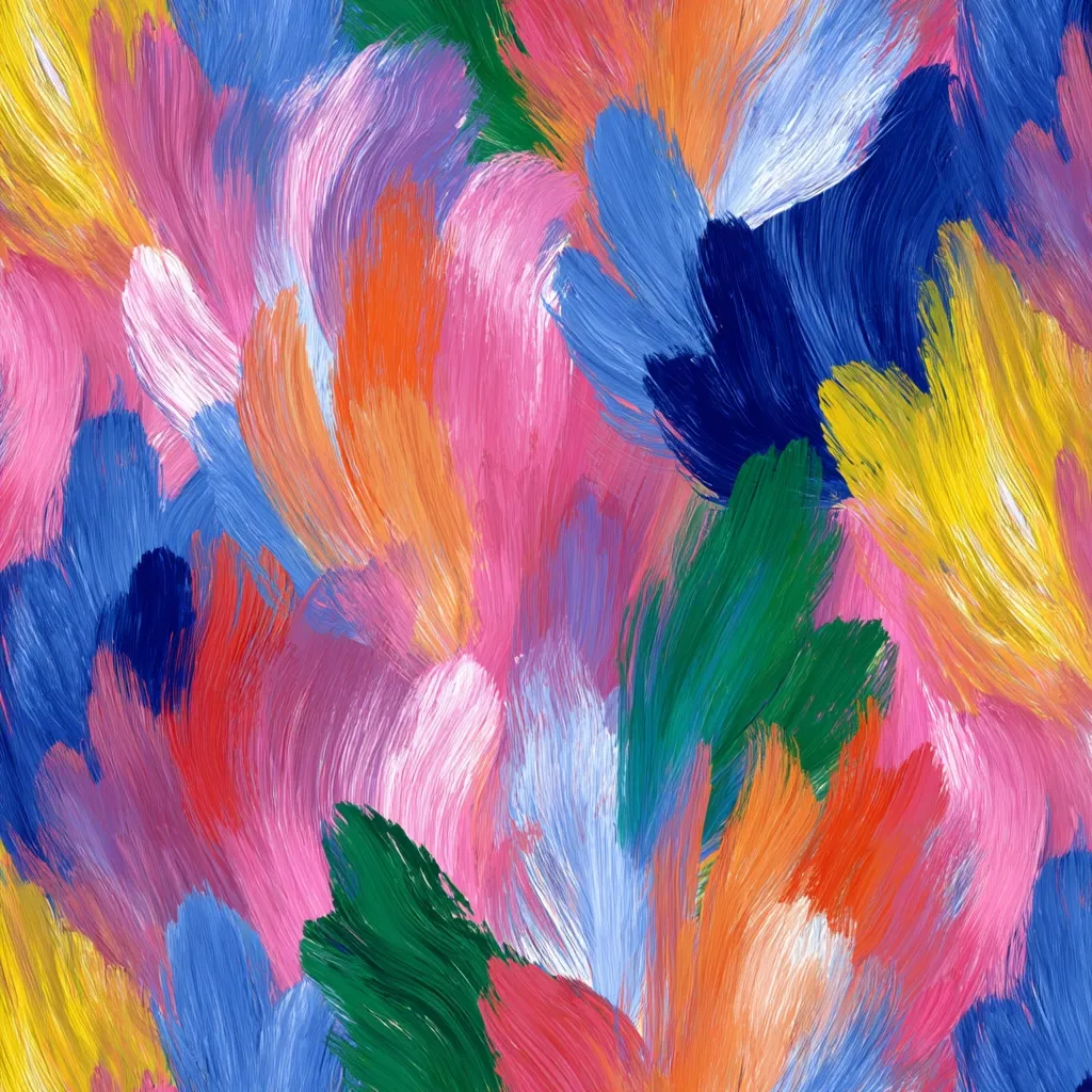 A vibrant abstract painting features a profusion of colorful, feather-like strokes.  The palette is rich with pinks, oranges, blues, greens, and yellows, creating a dynamic and energetic composition.  The impasto technique gives the artwork a textured, almost three-dimensional appearance.  The colors blend and overlap, producing a sense of movement and fluidity.