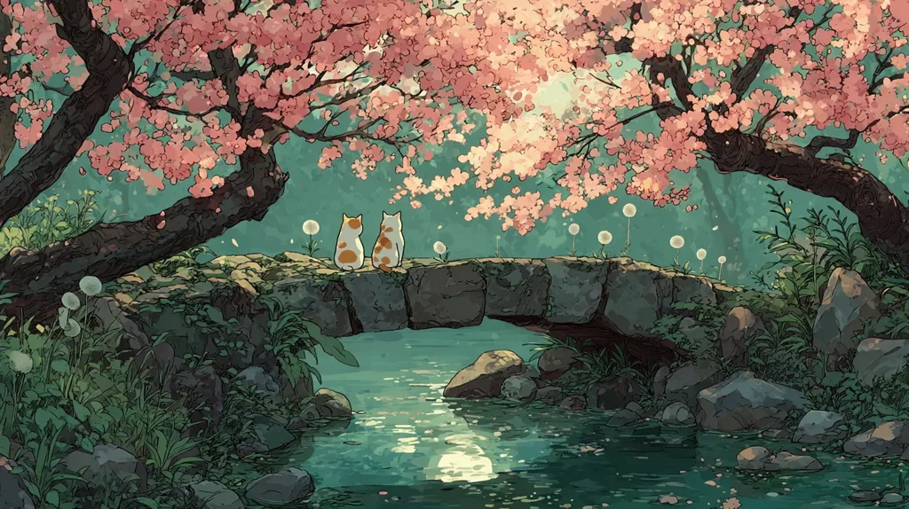 Two cats sit side-by-side on a stone bridge, overlooking a tranquil stream.  Pink cherry blossoms frame the scene, their delicate petals falling gently.  Dandelions dot the landscape, adding pops of white against the lush green foliage. The overall atmosphere is serene and peaceful, evoking a sense of calm and quiet contemplation.  The moon's reflection shimmers on the water's surface.