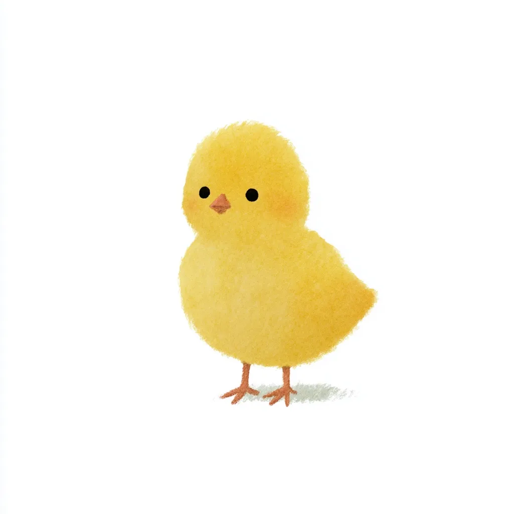 A fluffy yellow chick stands on a white background.  Its small, orange beak and feet are visible.  The chick is depicted in a soft, watercolor style, giving it a cuddly and charming appearance.  The overall image evokes feelings of warmth and springtime.