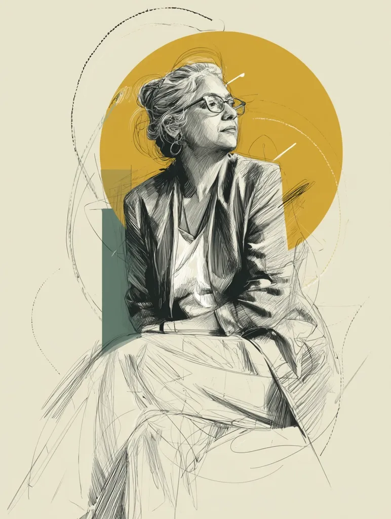 A stylized sketch of a woman with graying hair, glasses, and a blazer.  She sits, gazing thoughtfully off to the side.  The drawing uses a mix of sharp lines and softer shading, creating a dynamic portrait.  A large yellow circle and abstract lines form a background, adding depth and visual interest. The overall style is expressive and modern.