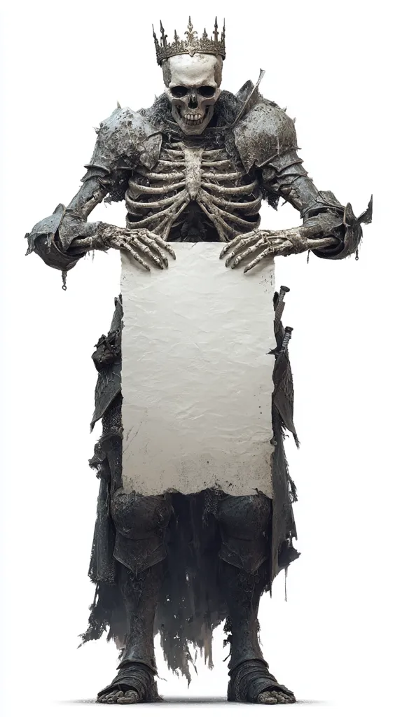 A skeletal king, adorned in tattered armor and a crown, stands holding a blank parchment.  His bony frame is visible beneath the decaying fabric of his regal attire.  The image is a striking blend of fantasy and macabre, creating a powerful visual. The stark white background emphasizes the figure, making it the sole focus. The blank sign suggests a message to be written, adding intrigue and mystery to the composition.