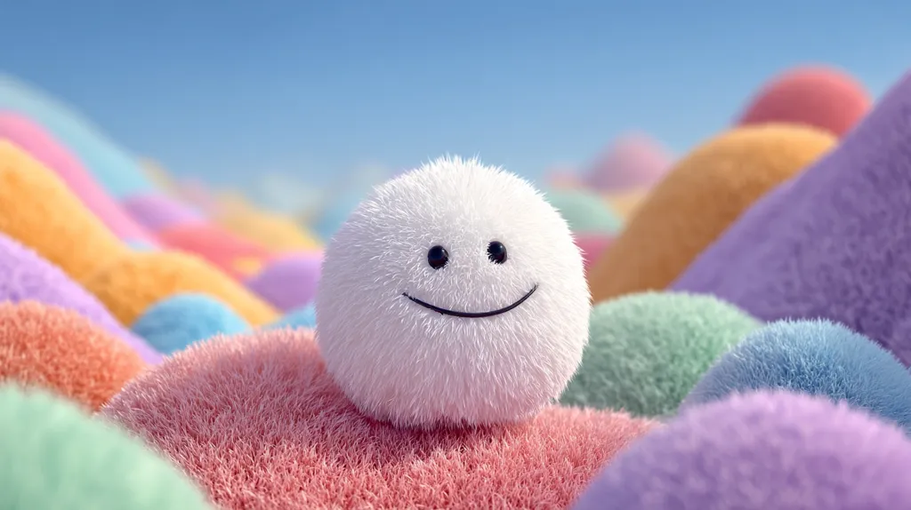 A fluffy white sphere with a simple smiling face sits atop a pastel-colored landscape.  The background is filled with soft, rounded hills in various shades of pink, purple, orange, and blue, creating a whimsical and cheerful scene. The overall mood is lighthearted and playful.