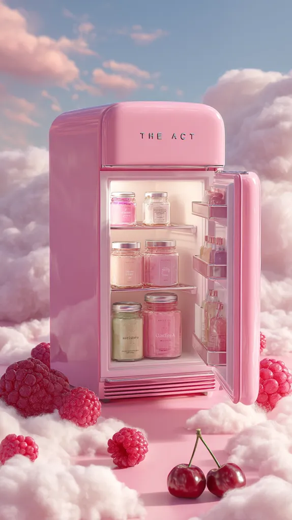 A pastel pink retro mini-fridge sits on a fluffy pink cloud-like surface.  The fridge, labeled "THE ACT," is open, revealing shelves stocked with various pastel-colored jars and bottles, possibly skincare or beauty products.  Raspberries and cherries are scattered around the fridge, adding to the whimsical, dreamy aesthetic.  The overall scene is light, airy, and aesthetically pleasing.