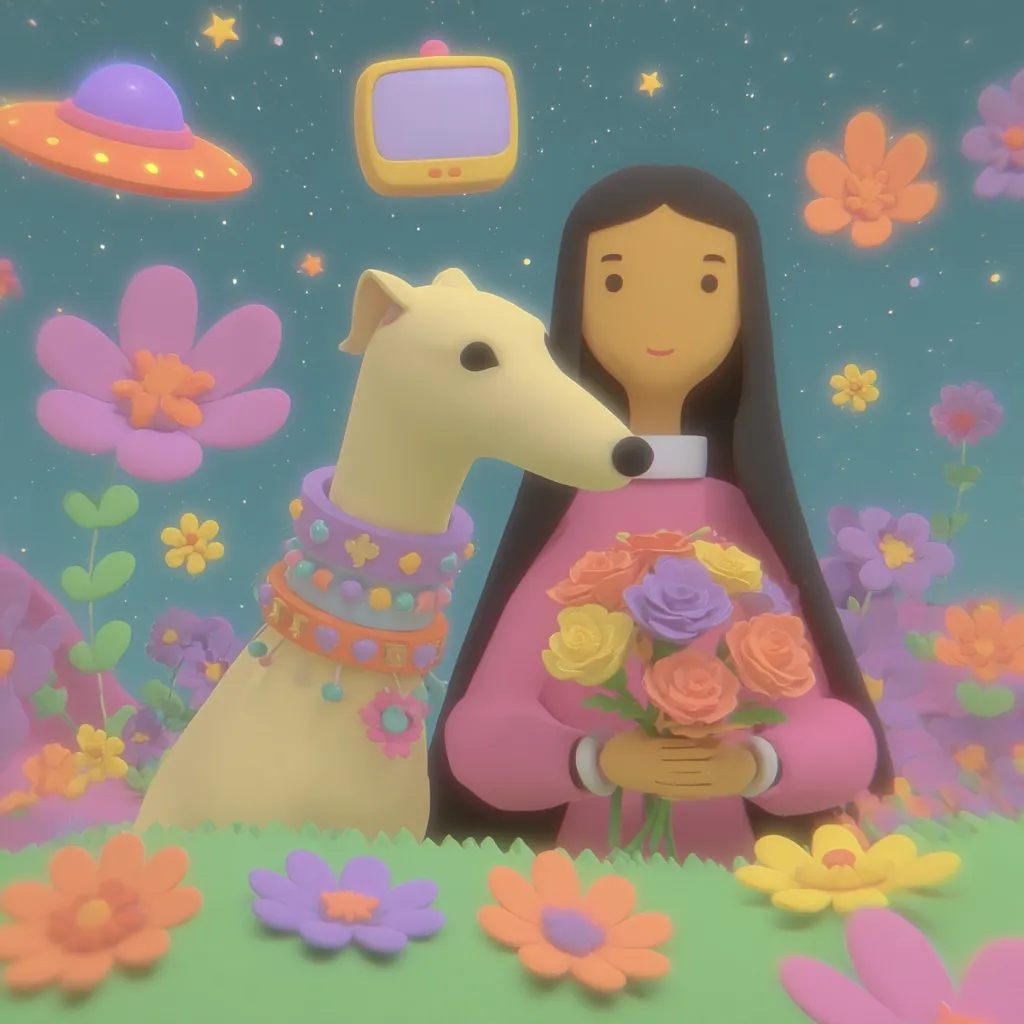 A 3D rendered image depicts a girl with long dark hair holding a bouquet of colorful roses.  Beside her stands a light yellow dog wearing a decorative collar.  They are surrounded by vibrant, stylized flowers and a whimsical background featuring a retro TV, a UFO, and twinkling stars.  The overall style is pastel and playful.